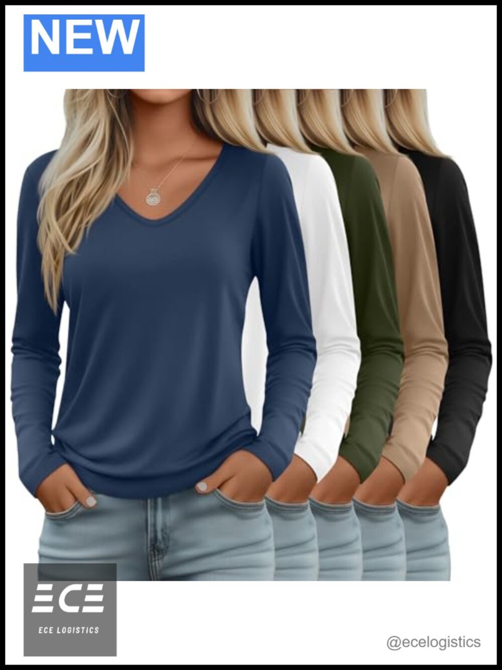 Women's V Neck Long Sleeve Shirts Loose Fit Layering Tops 5 Pack